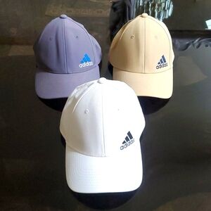 3 Adidas caps gray tan white size S/M tan unused white/gray lite use